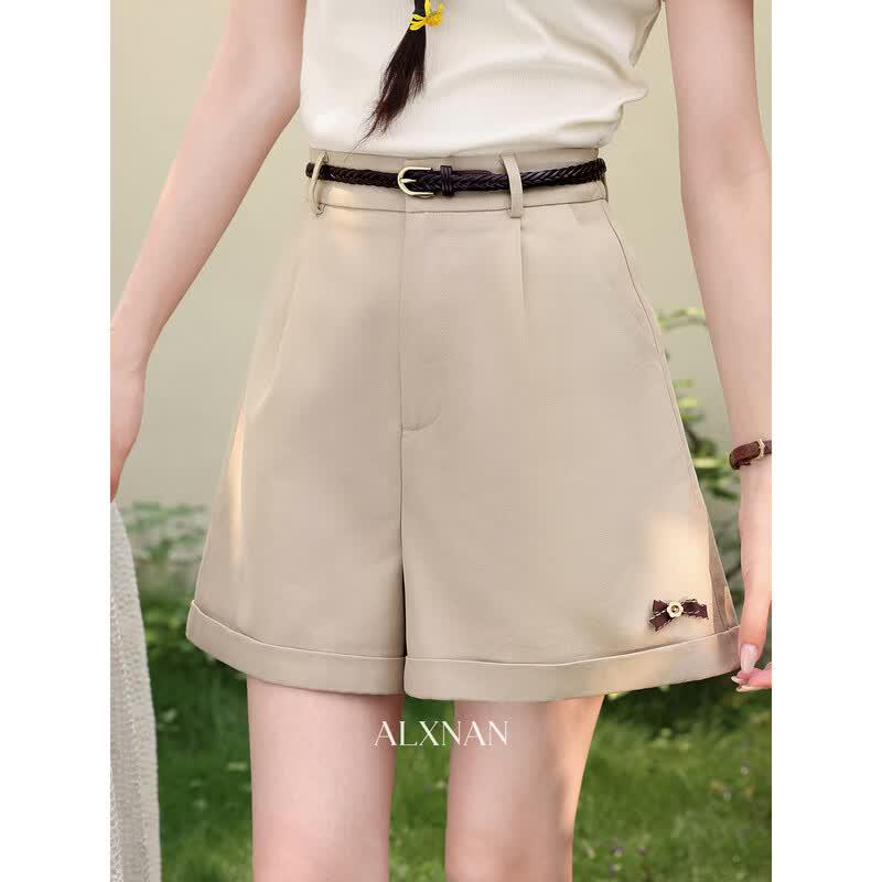 Deer Xiangnan Women s Khaki High-Waisted Wide-Leg Casual Shorts S