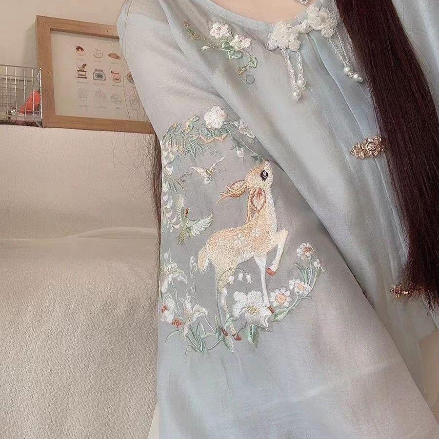 Women's Summer Hanfu Set: Embroidered Top & Dress Two-Piece - New Chinese Style for Tea Ceremony