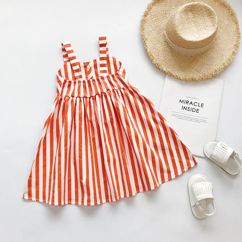 Children Summer Girls Sweet Cotton Cute Cartoon Stripes Print Sleeveless Sling Sweet Princess Dress