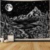 Black White Mountain Waterfall Tapestry Wall Hanging Full Moon Stars Line Art Nature Aesthetic Wall Art Decor