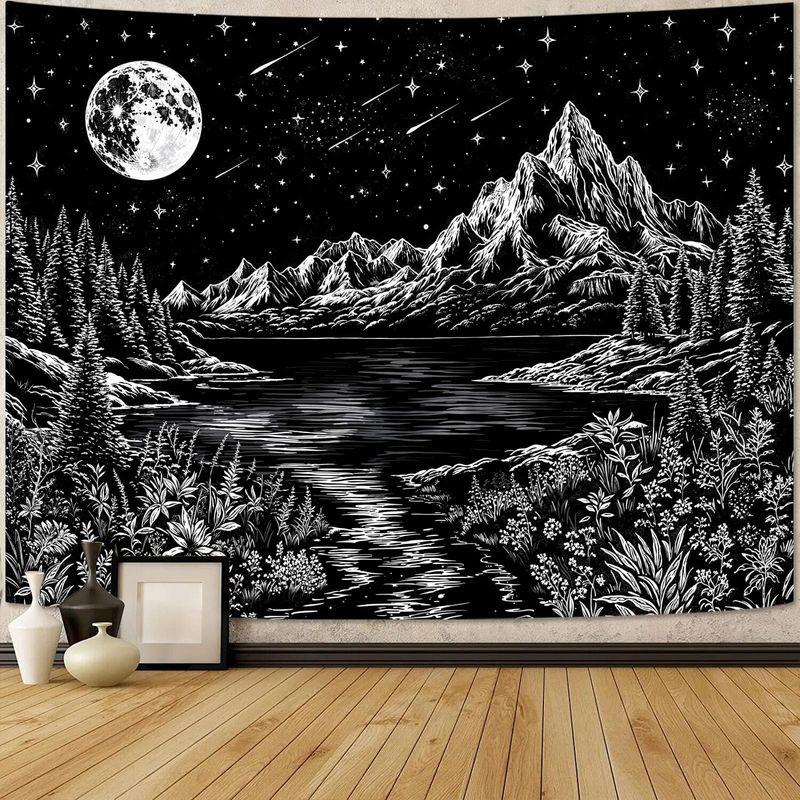 Black White Mountain Waterfall Tapestry Wall Hanging Full Moon Stars Line Art Nature Aesthetic Wall Art Decor