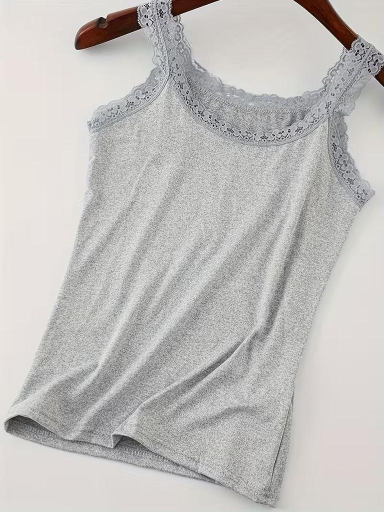 Elegant Lace Trim Women Camisole Solid Color Vest, Lace Patchwork, Round Neck Camisole Women's Top