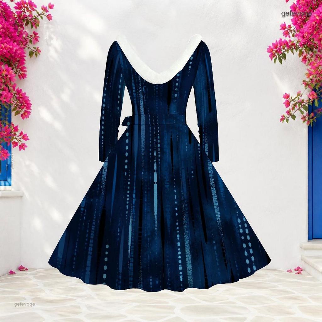 Women Plus Size V Neck Furry Trim Long Sleeve Belted Abstract Print A Line Midi Dress