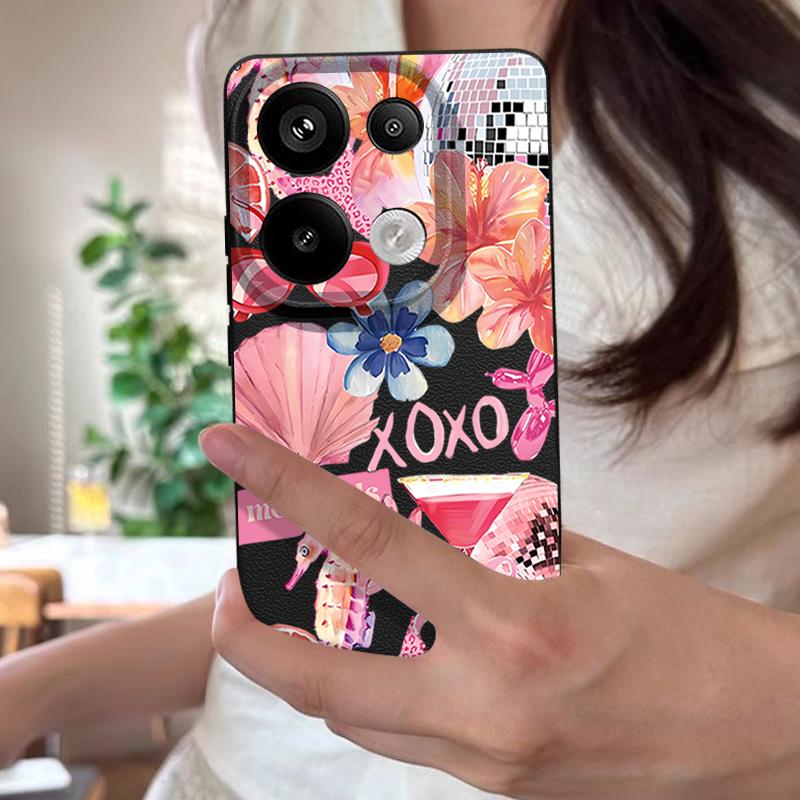 Růžový Kreslený Vzor Květinový Kryt Pro Xiaomi Redmi Note 14 13 Pro 5G 4G 12 11 Pouzdro Xiaomi 14T 13T 11T Pro Kožená Textura Silikonový Kryt