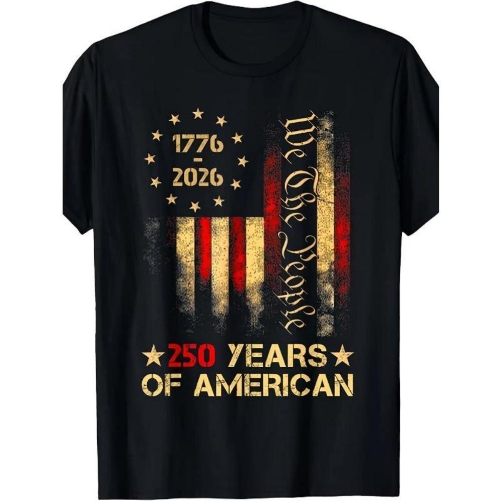 

European Sizes Patriotic Black Plus Size T-Shirt with Golden Star Design and We The People Text S чёрный