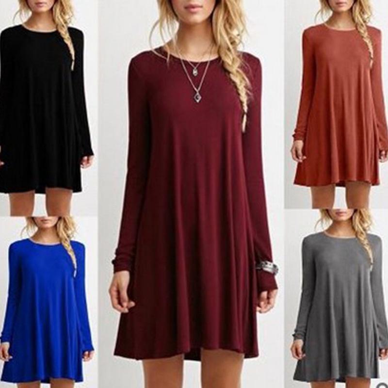Elegant Women Autumn Fashion Basic Loose Slim Long Sleeve Mini Dress In S-5xl