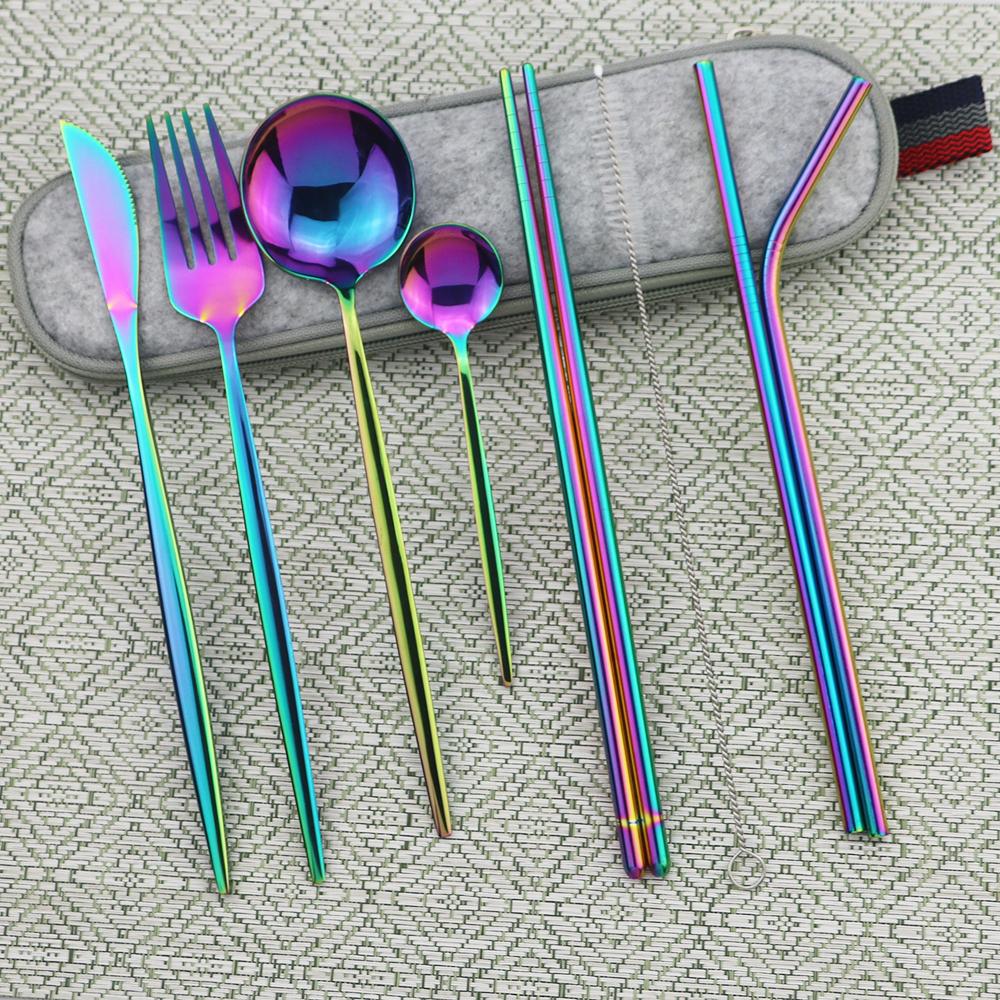 9pcs/Set Travel Cutlery Set Portable Gold Dinnerware Set Stainless Steel Tableware Set With Metal Straw Brush Chopsticks Bag