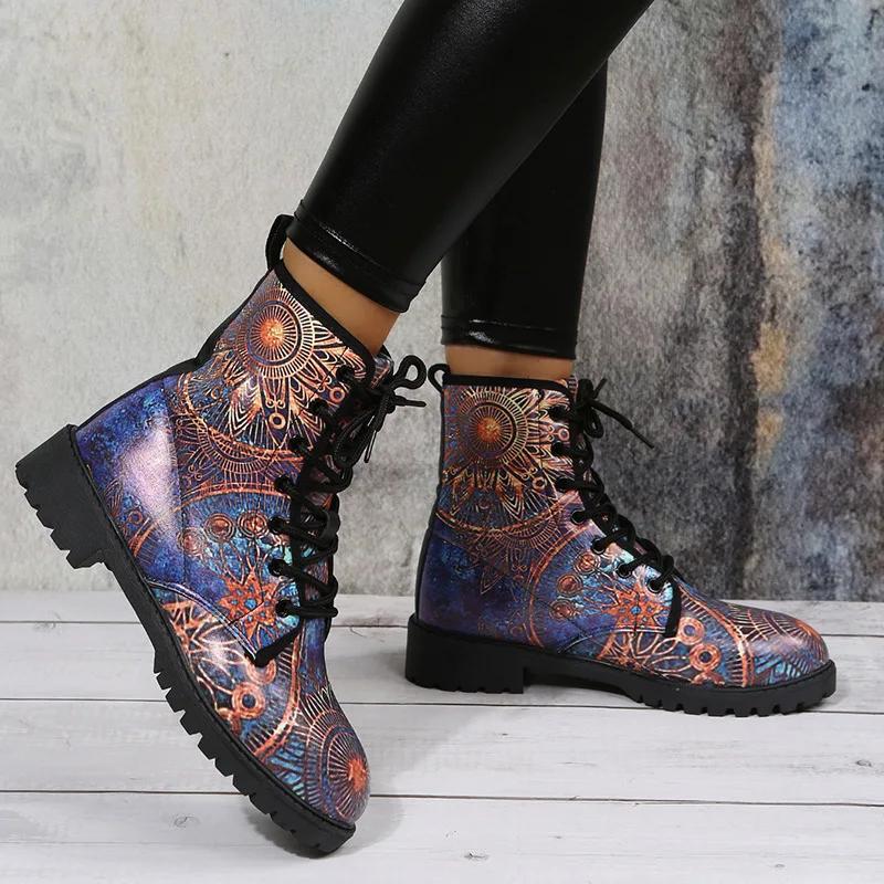 Boots Women's Autumn and Winter  British Fashion Women's Tooling Boots Skull and Flower Print High-top Boots Ladies