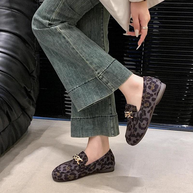 Fashion Women's Shoes 2024 Brand Loafers Women's Flats Fashion Leopard Print Casual Flat Shoes Hot Sale Metal Decoration Flat Low Heels