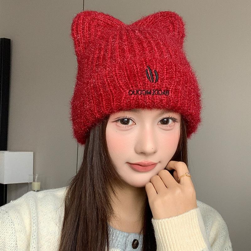 Süße und niedliche Katzenohren Wollmütze Herbst und Winter Warmer Ohrenschutz Strickmütze Japanische Gesicht zeigende kleine Überziehmütze für Frauen