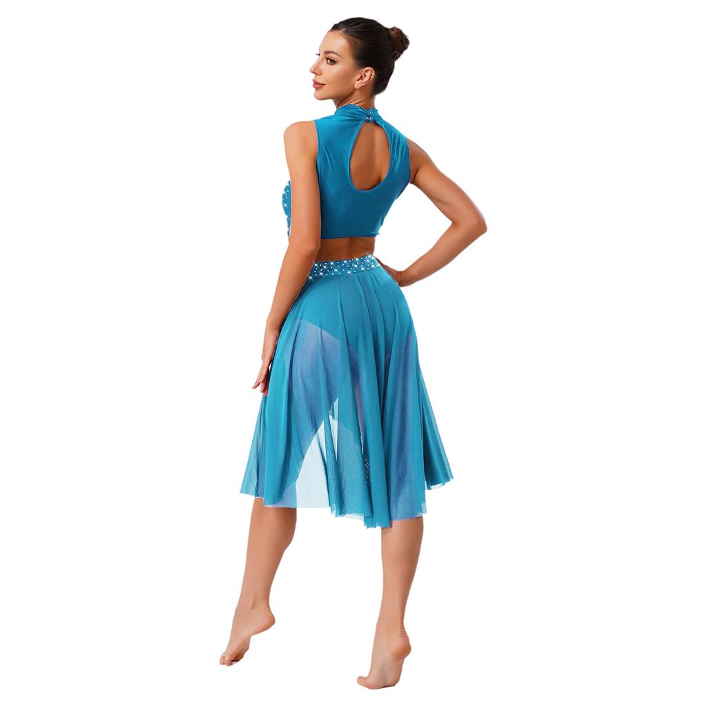 Womens Lyrical Dance Outfit Sleeveless Hollow Out Crop Top Irregular Mesh Hem Briefs Skirt Embroidery Applique Set