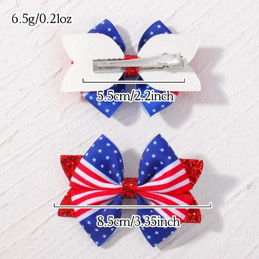 2pcs/set Independence Day Hair Bows Clips for Women Girls Glitter Star Ribbon Bowknot Hairpin American Flag Hair Accessories
