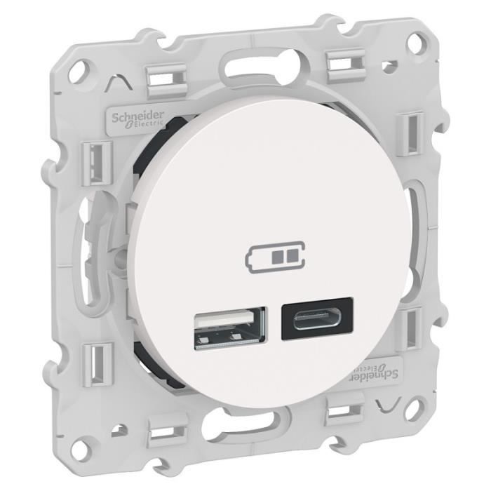 Prise USB Double - Odace - Type A+C - Blanc - 5 Vcc - 2,4A - Prêt À Poser