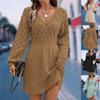 Women V Neck Hollow Out Knit Dress Long Sleeve Elastic Waist Solid Short Mini Dress