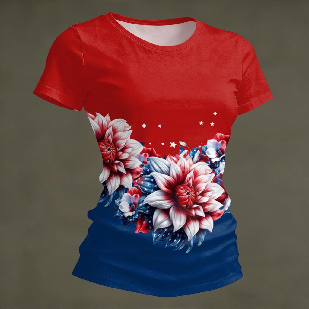 Women's Fashion Round Neck Independence Day Print Short Sleeve Loose Crewneck T-Shirt Top