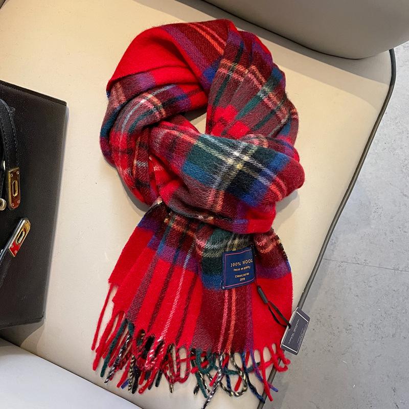 Red plaid 100 pure wool scarf women's winter high-end small plaid scarf