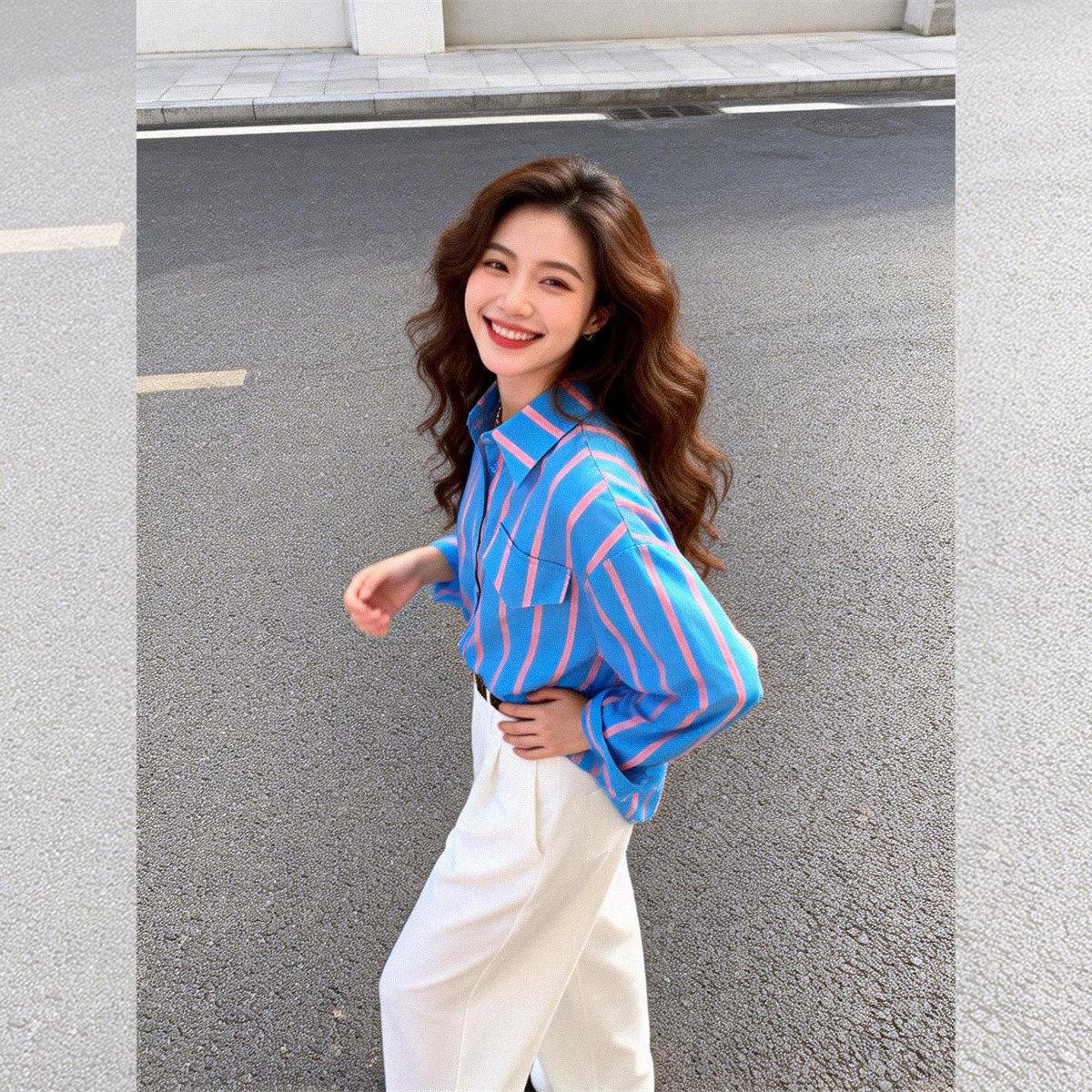 

Korean Style Versatile Striped Long Sleeve Lapel Shirt for Women XL синий