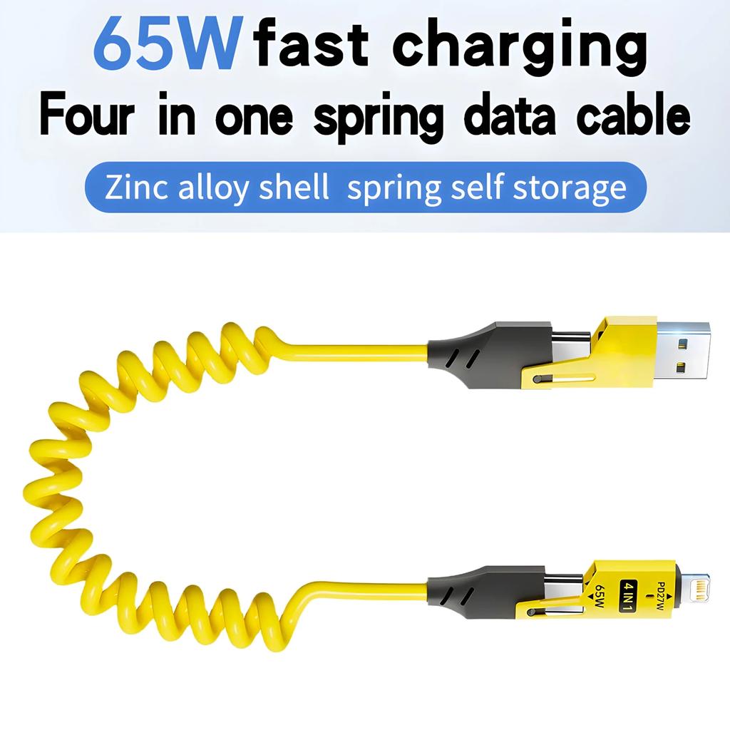 4 In 1 65W Mecha Spring Short Data Cables 6A USB Type C Spring Telescopic Micro USB Quick Charger Wire Spring Data Cords