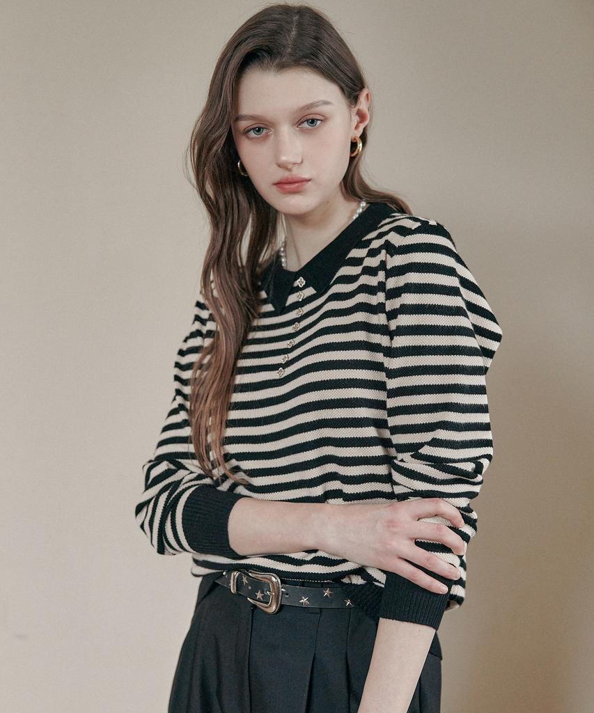 MAXZA Cubic Button Striped Open Collar Knit