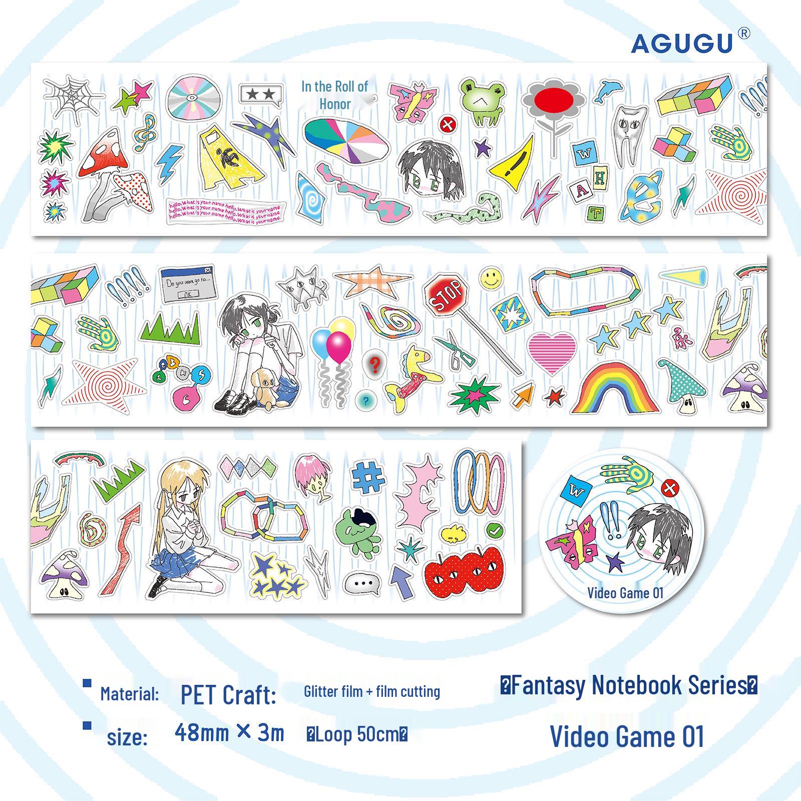 AGUGU Fantasy Notebook Die-Cut PET Sticker Roll - Cute Dream Core Graffiti Glitter Adhesive Tape