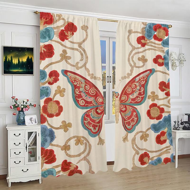 Butterfly Printed Curtain Polyester Material Suitable Bedroom Curtains Living Room Decoration Set Of 2 Made Washable Great Ready