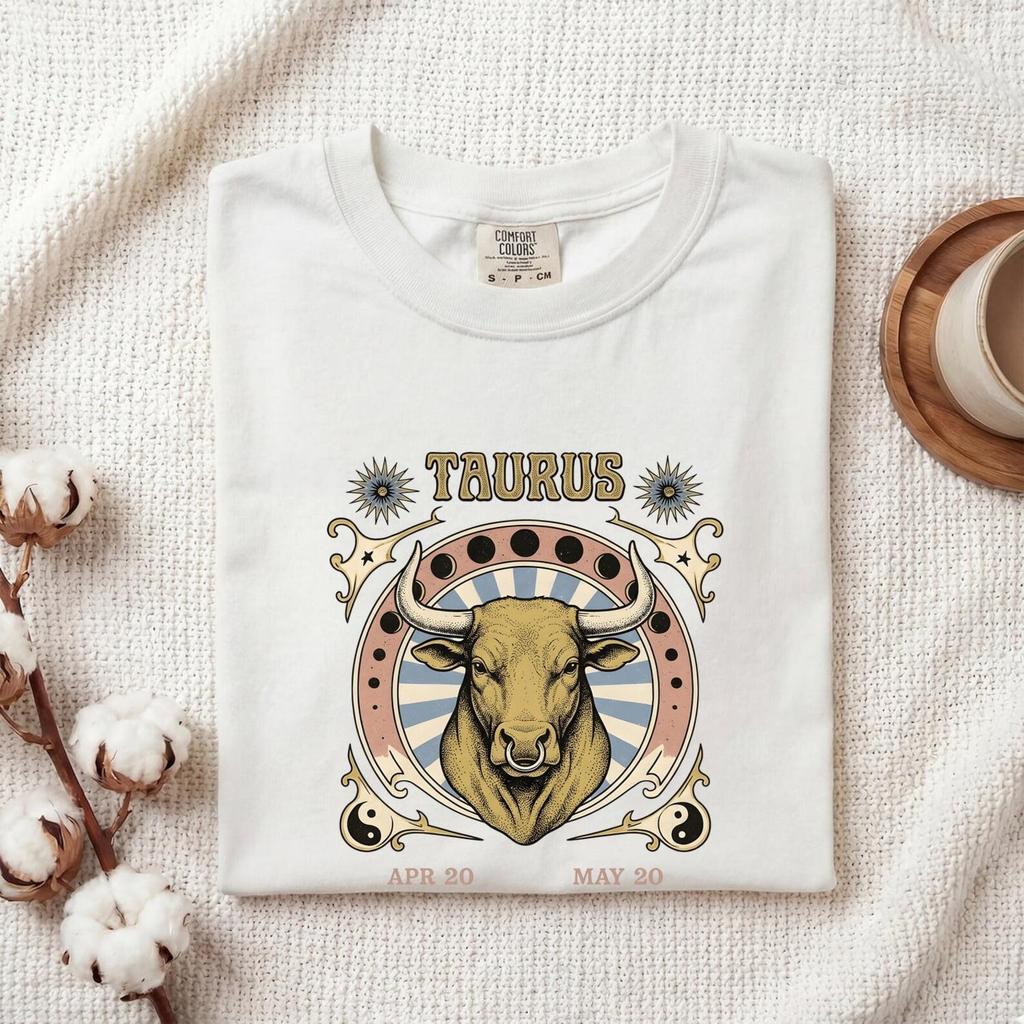 Taurus Shirt Boho Chic Star Sign Gift Women Hand Drawn Tee Bull T-Shirt Bohemian Fan Illustrated Graphic Tshirt Cartoon Balance Icon Tshirt