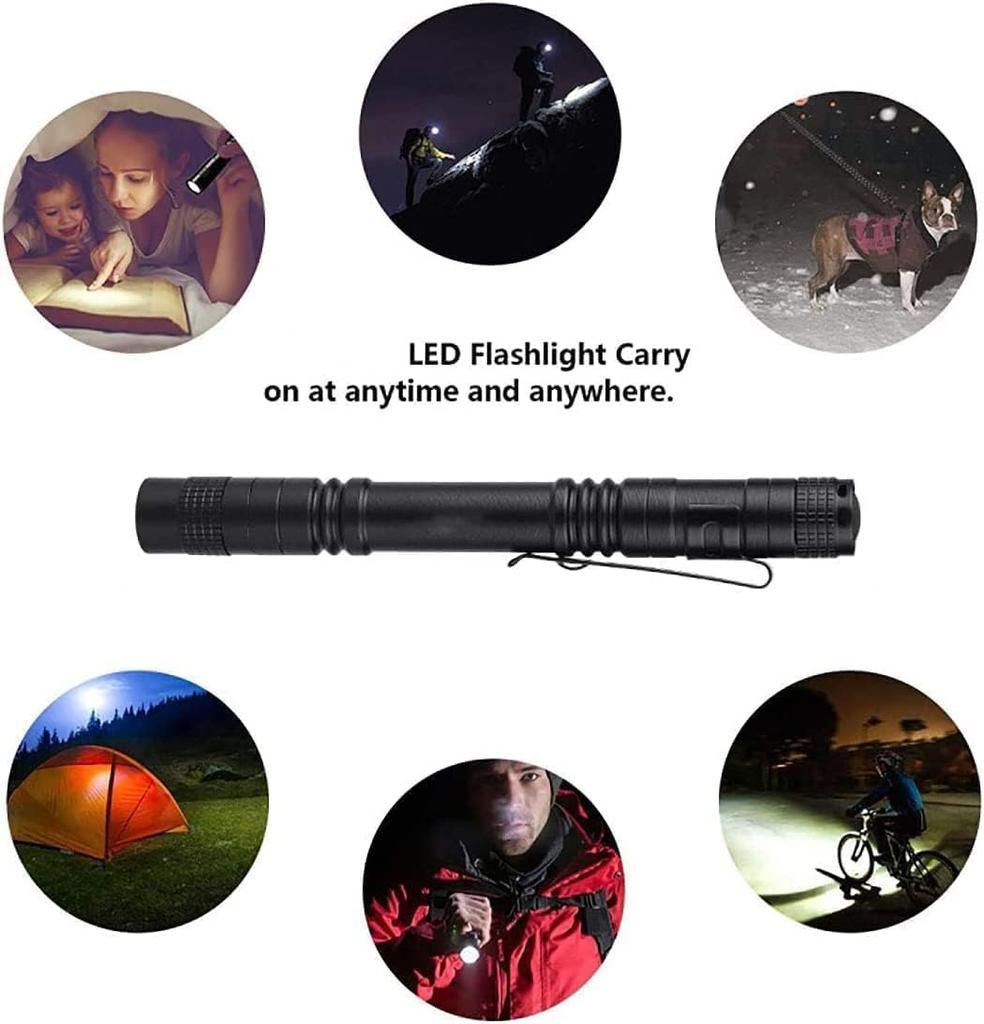 MODOAO Portable Flashlight with Metal 200 Lumens Penlight Tactical Torch with 2 AAA Batteries Pocket Portable Emergency Light Clip, Flashlight, Clip,