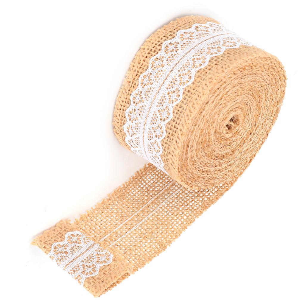 Jutaband med vit spets Naturlig juterulle för DIY-dekoration Presentförpackning 5 Yards5cm