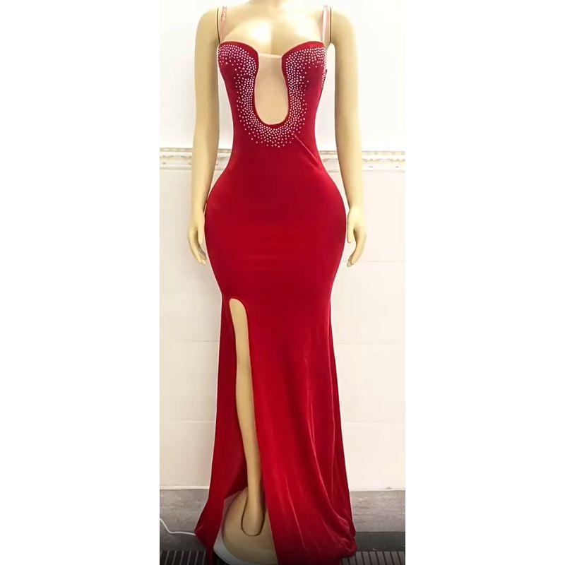 

Night Club Performance Dress Sexy Tight Nightclub Dress Large Swing Sling Dress Z2211 Red(Without gloves) L