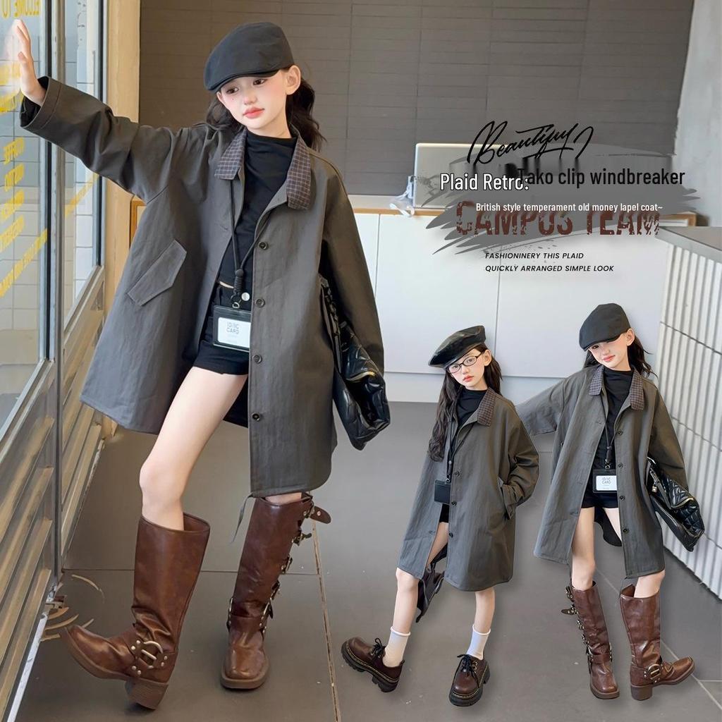 Mädchen Midilanger Trenchcoat: 2025 Frühling/Herbst Koreanischer Stil für Kinder - Lockerer, lässiger Schnitt