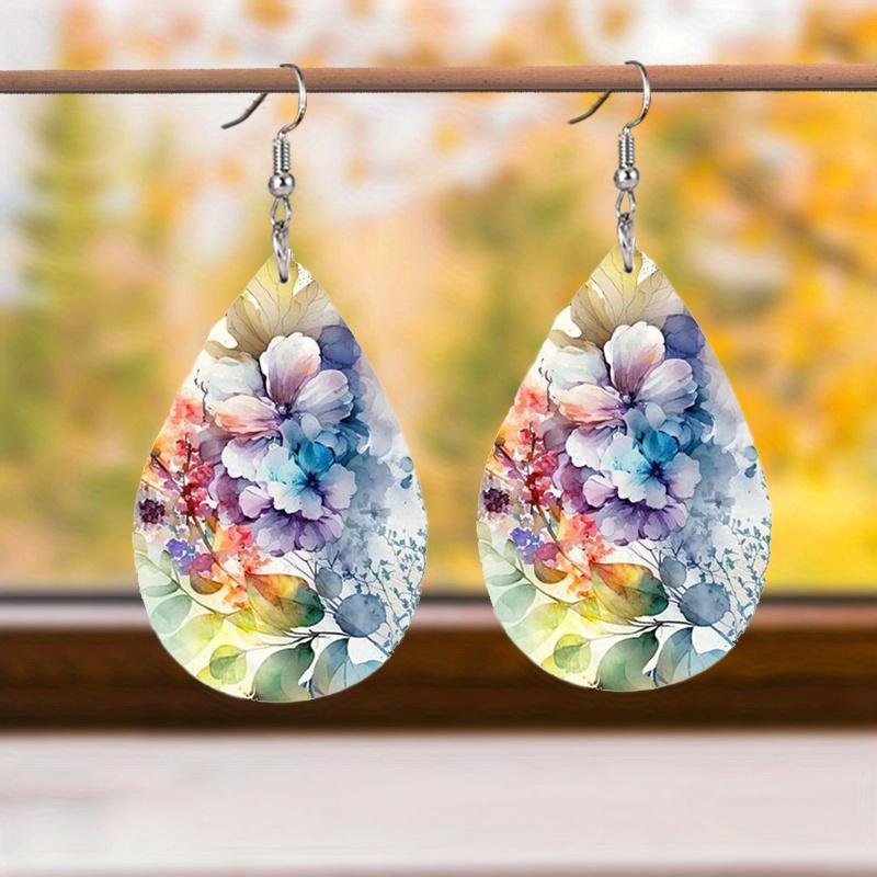 Colorful Flowers Branches Leaf Patterns PU Leather Earrings for Women Elegant Charming Earrings Jewelry Matching for Festivals, Banquets
