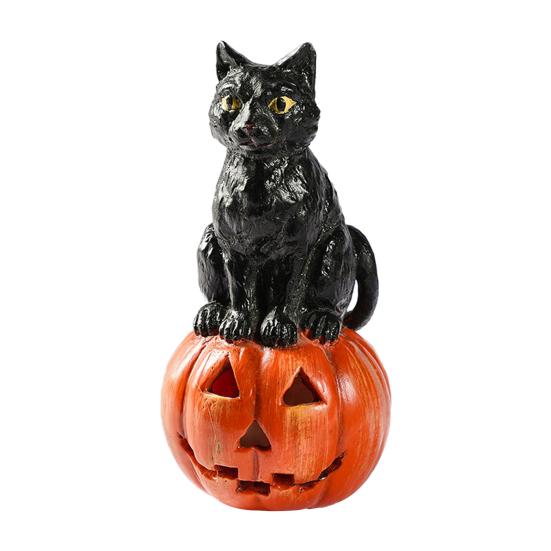 Black Cat Pumpkin Figurine Resin Halloween Desktop Ornament Cute Dark