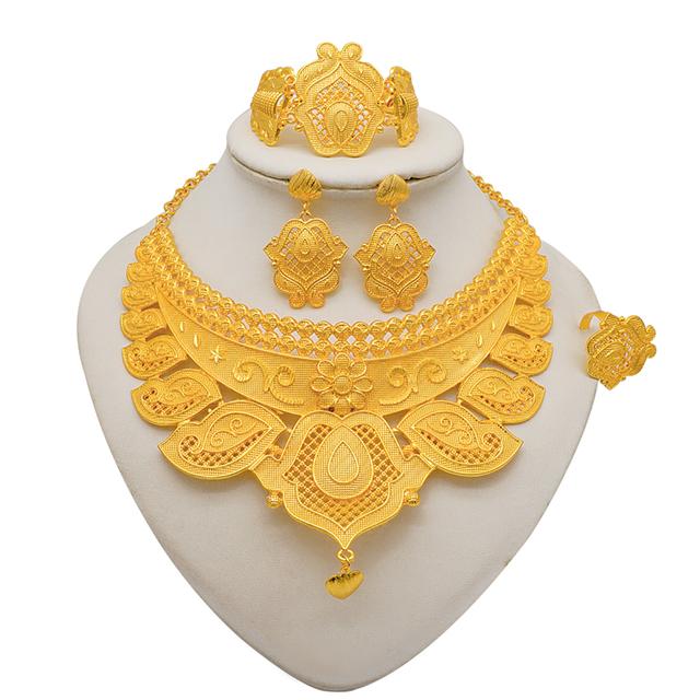 Seturi de bijuterii de culoare aurie Dubai pentru femei Cercei și colier indieni Nigeria Cadouri de nuntă de mireasă marocane