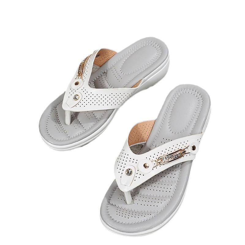 Women's Wide Width Beach Sandals, Metal Buckle Wedge Heel Slides, European Style Summer Casual Sandals for Women