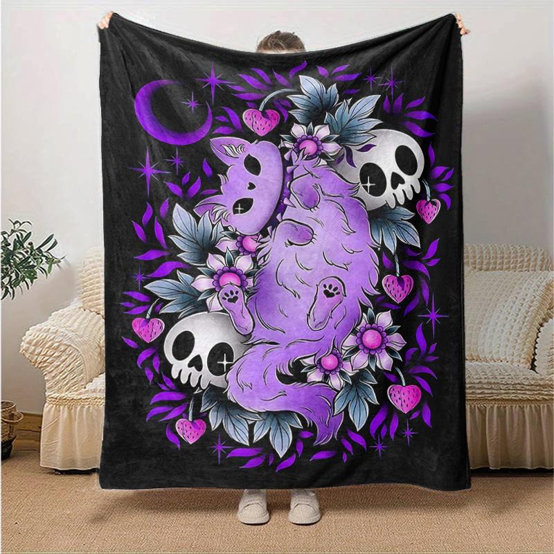 1 Stück Pastell Katze und Totenköpfe Decke Weicher Überwurf für Zimmerdeko, Perfektes Geschenk, Wohnzimmer, Reisen, Camping, Auto Decken