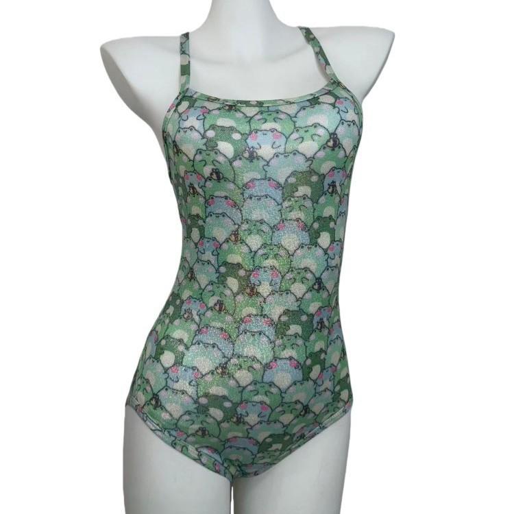 One-piece Small Fresh and Cute Printed Suspender Fashion Swimsuit Backless Swimsuit Low Split White Swimsuit