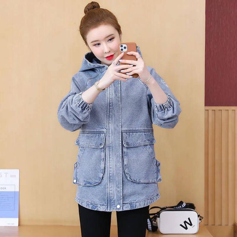 Women's Spring and Autumn Hooded Cowboy Short Coat Loose Korean Style Embroidered Casual Jacket