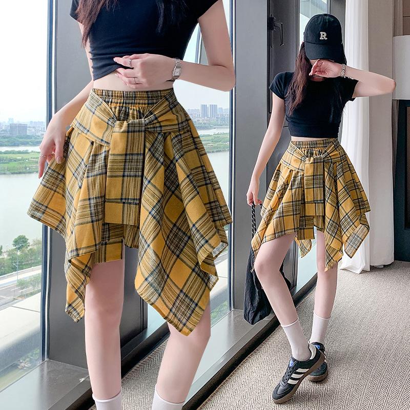 Blue Irregular Strap Skirt Women's Summer Design Sense Niche Plaid Skirt