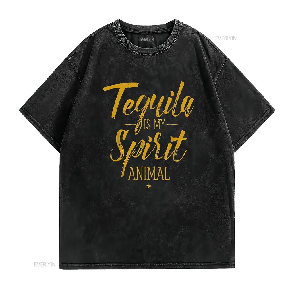 Womens Tequila Is My Spirit Animal T Shirt Black 2XL vintage Washed Breathable Slightly Versatile streetwear Stylish fashion