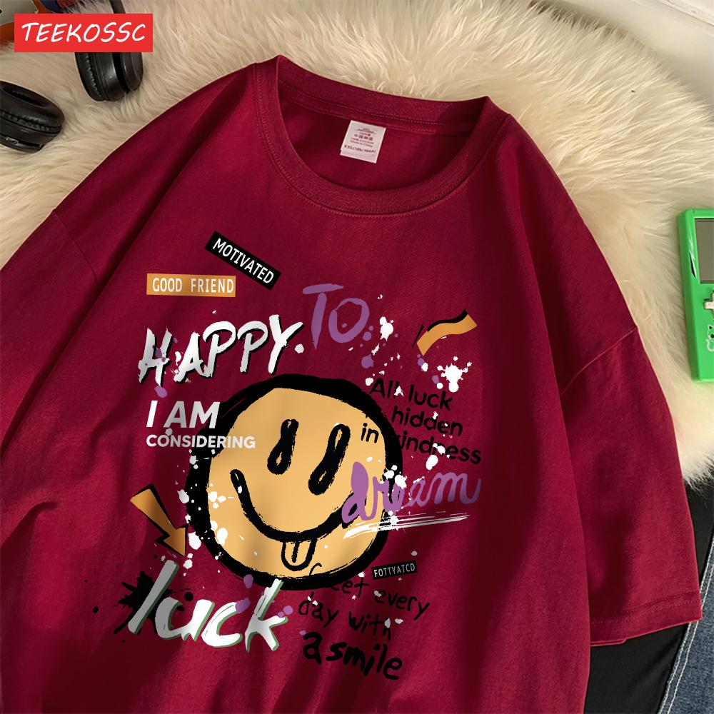 Summer Cotton Women TShirts Fun Graffiti Cute Smiling Face Prints Tees Breathable Loose ONeck Casual Street Female Clothes