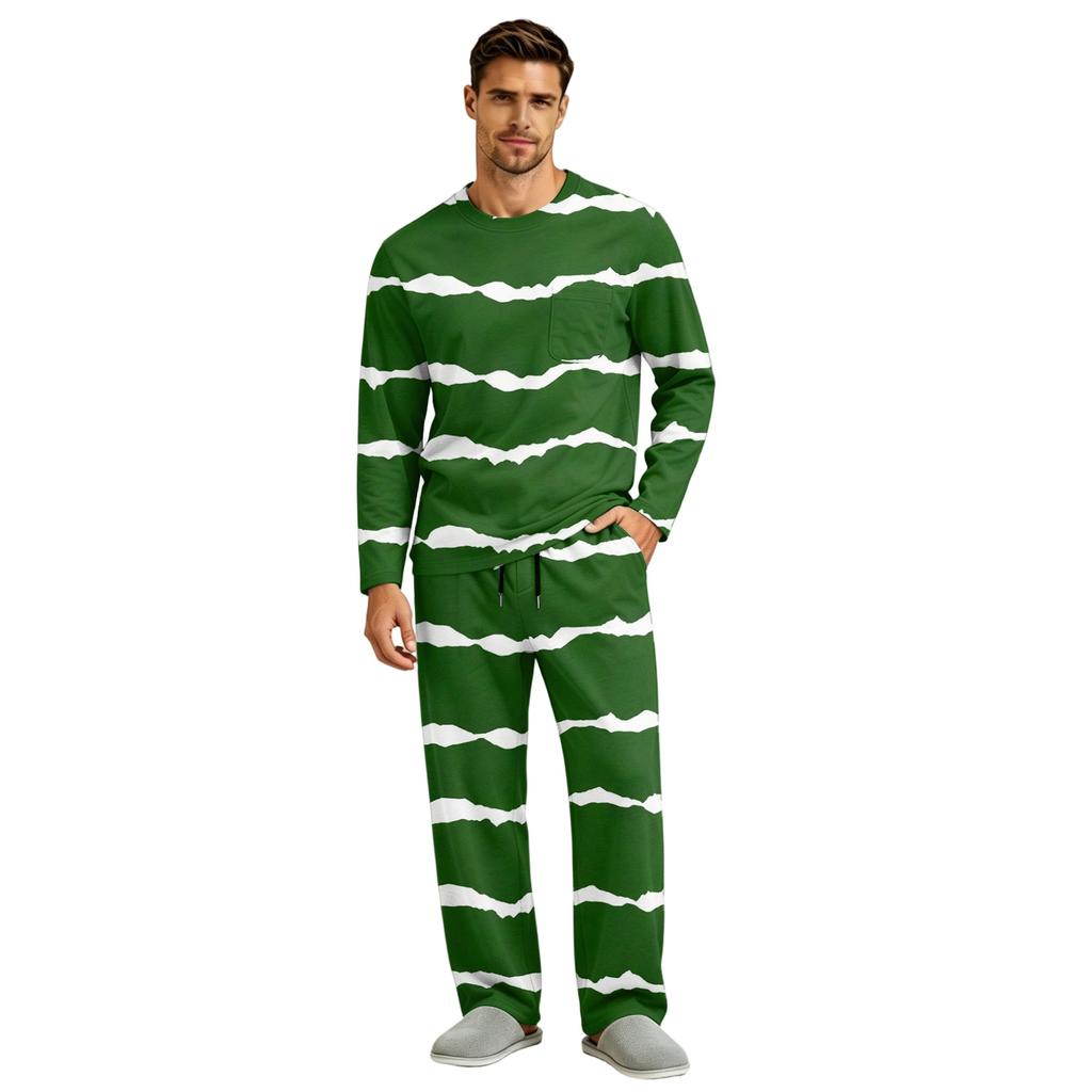 Men's Pajama Set Long Sleeve Top and Long Pants with Button Crotch and Elastic Drawstring Waist for Home Loungewear