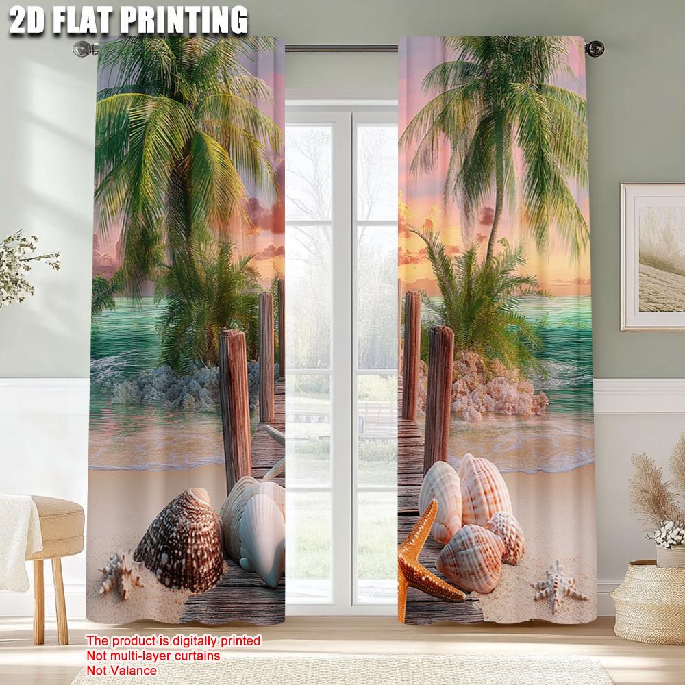 2 Stück, Hochwertige Vorhänge 2D-Druck Palme Natur Ozean Sonnenuntergangsszene Polyestergewebe (ohne Stange) Festlicher Gebrauch für Wohnzimmer &