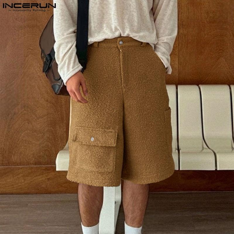 INCERUN Men Zip-up Waist Furry Casual Loose Shorts Half Pants