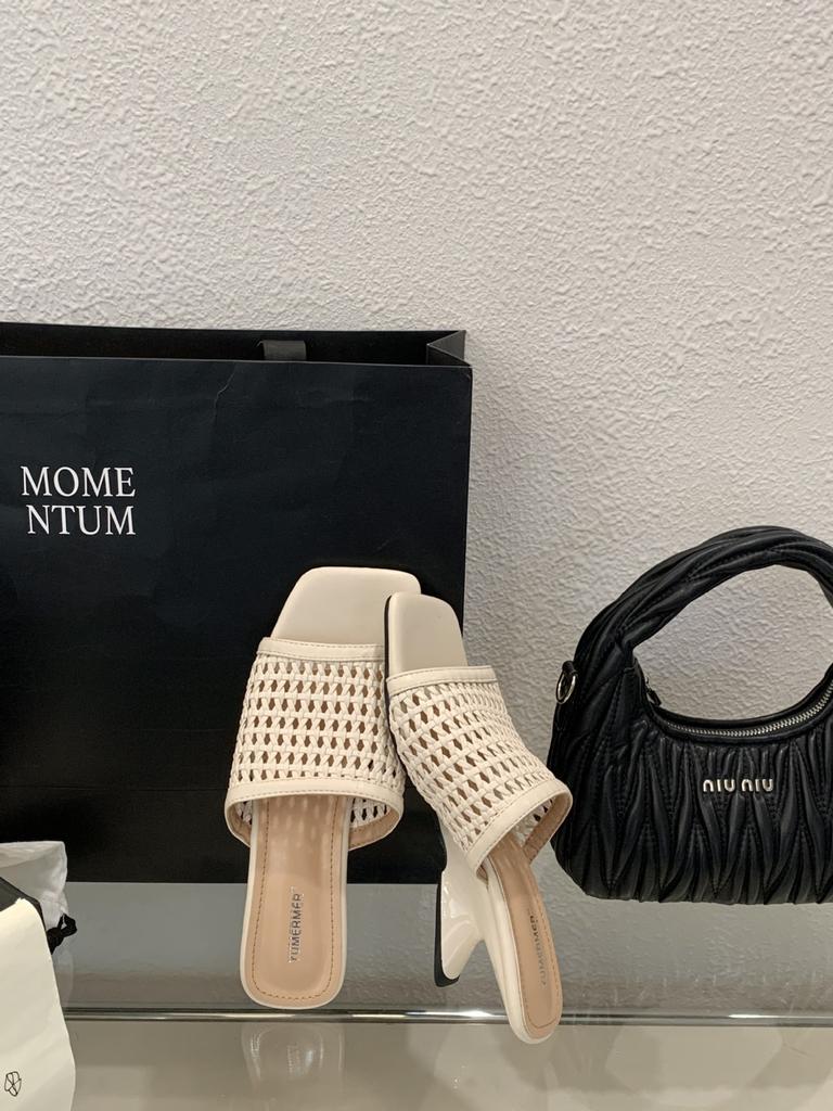 2025 European and American Light Luxury Casual Style Woven Special-shaped Wedge Heel Medium and High Heel Slippers Large Size