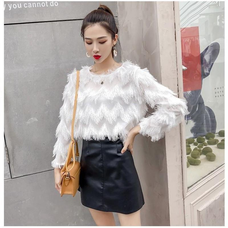 

Жіночий топ з бахромою, Осінньо-зимовий светр з шифону з довгим рукавом, Жіноча корейська версія, Універсальний, Приталений та стильний One size білий