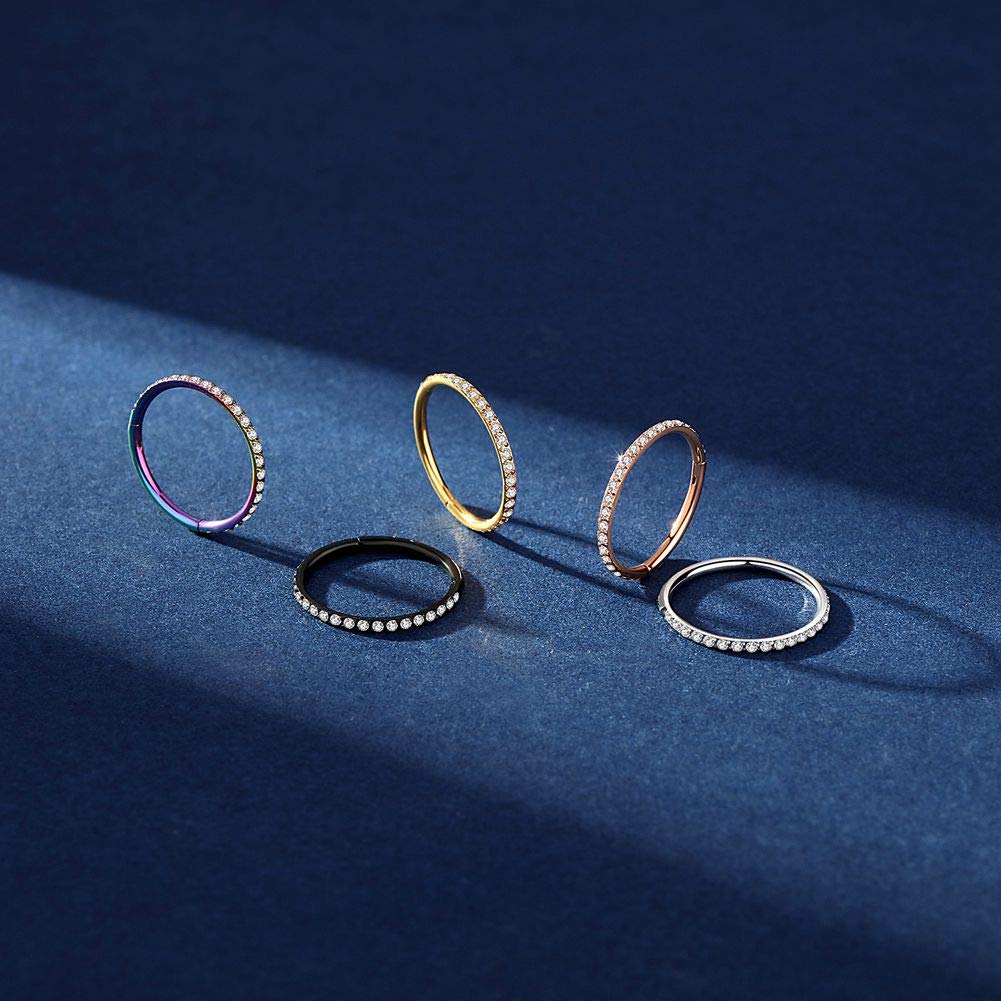 1PC Diamonds Hinged Nose Ring Hoop Hypoallergenic Conch Daith Helix Septum Rook Tragus Ring Hoops Clicker Cartilage Earring Plug