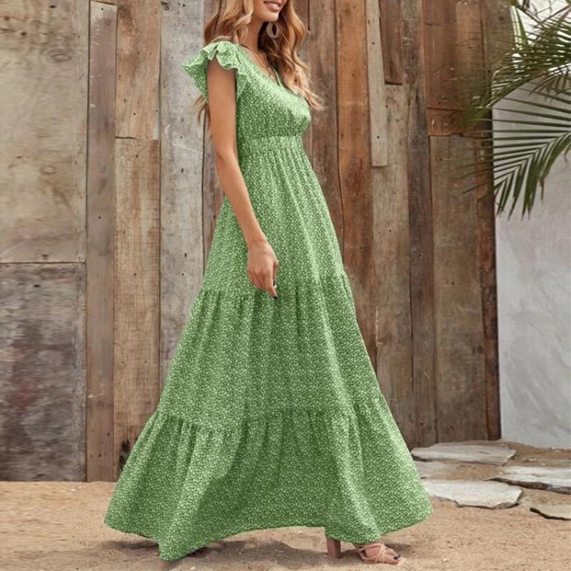 Maxi Abito Estivo Boho da Donna con Stampa Floreale Ditsy, Scollo a V, Vita Alta, Maniche a Volant, A Balze, Casual, per Vacanze al Mare