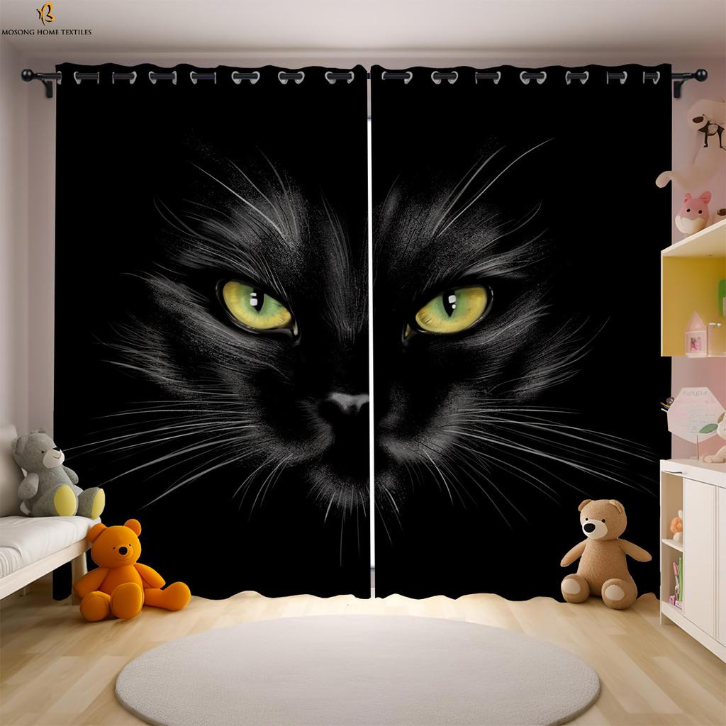 Set Of 2 Cute Funny Cat Printed Curtains Polyester Bedroom Living Room Kids Window Decoration Curtain Perfect For