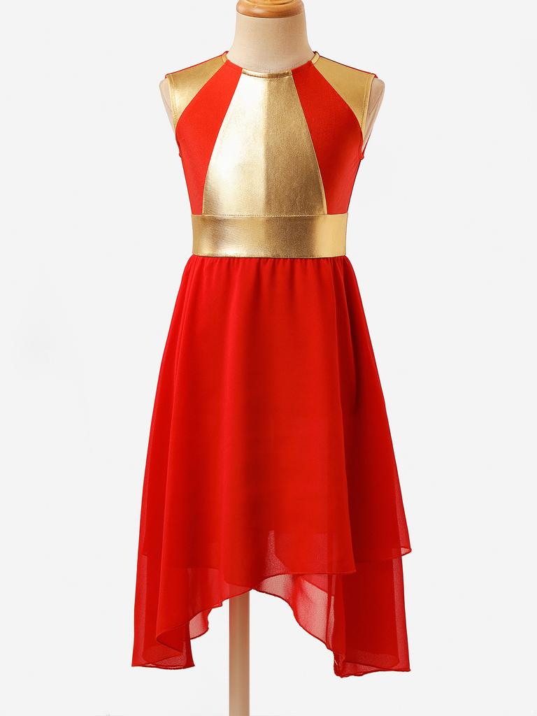 Girls Sleeveless Dance Dress Round Neckline Zipper Back Shiny Bronzing Cloth Irregular Hem Dresses