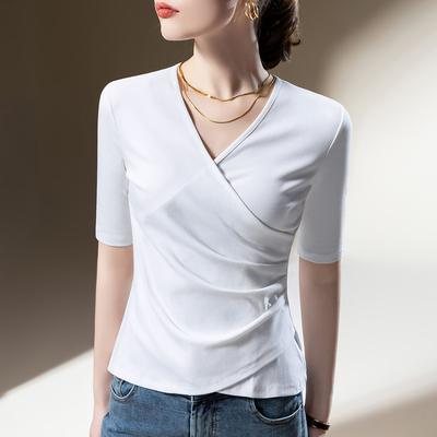 Damen-T-Shirt im neuen europäischen Stil mit Kreuzausschnitt, einfarbiger Baumwolle, plissierter Taille und Fünfviertelärmeln